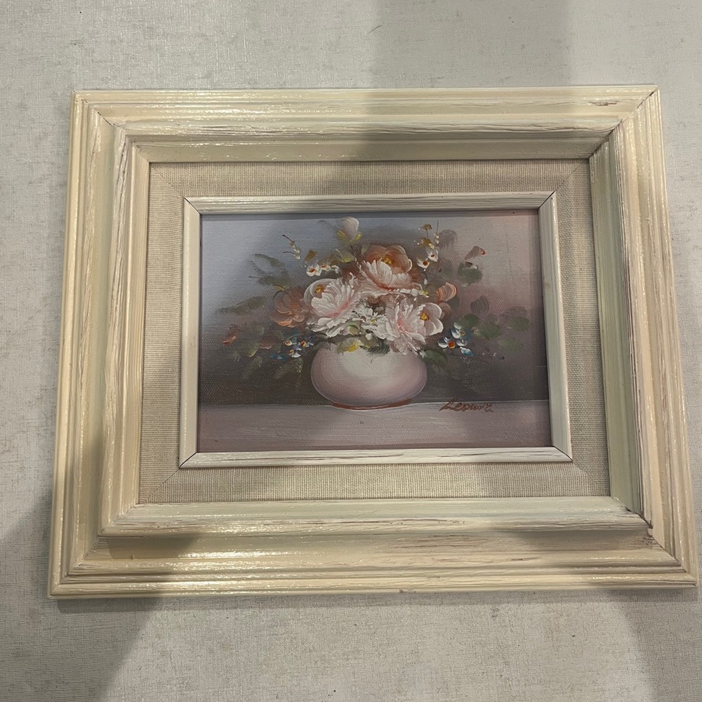 Vintage handpainted Cream Framed pastel Floral bouquet still Wall Art.